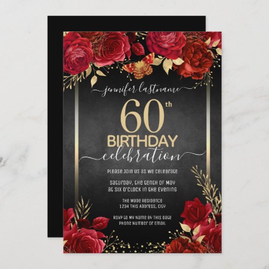 Elegant Rozen 60th Birthday Invitation Kaart (Voorkant / Achterkant)