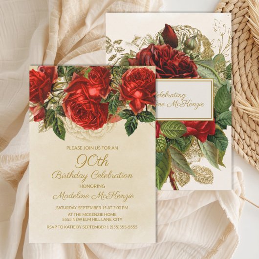 Elegant rozen 90e verjaardag kaart