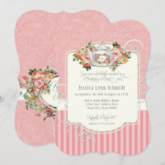 Elegant Rozen Birthday Party Tea Party Waterverf Kaart (Voorkant / Achterkant)