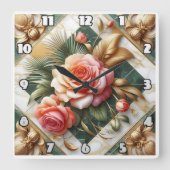 Elegant Rozen bloemontwerp met gouden accenten Vierkante Klok (Voorkant)