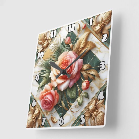 Elegant Rozen bloemontwerp met gouden accenten Vierkante Klok (Hoek)