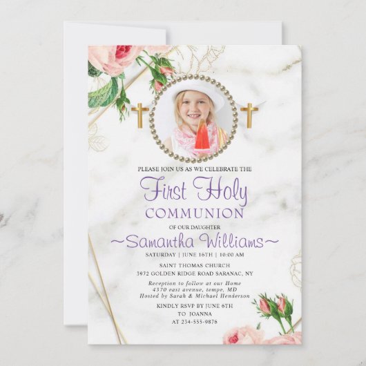 Elegant rozen Blush Marble First Communtion Kaart (Voorkant)