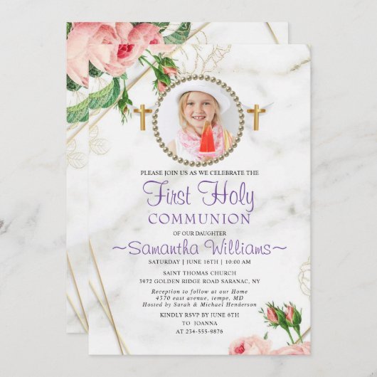 Elegant rozen Blush Marble First Communtion Kaart (Voorkant / Achterkant)