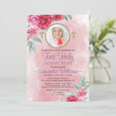 Elegant Rozen Blush Photo First Communtion Kaart (Staand voorkant)