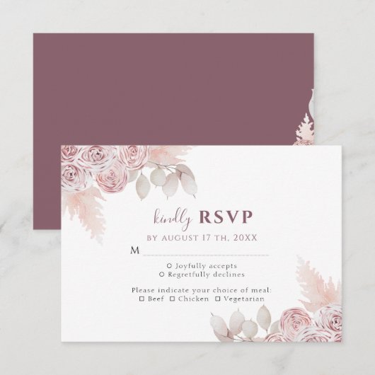 Elegant Rozen Blush Pink Floral Wedding RSVP  (Voorkant / Achterkant)