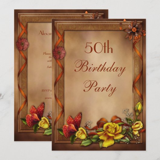 Elegant Rozen & Butterfly 50th Birthday Party Kaart (Voorkant / Achterkant)