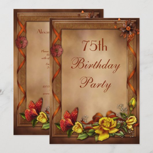 Elegant Rozen & Butterfly 75th Birthday Party Kaart (Voorkant / Achterkant)