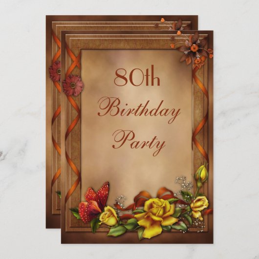 Elegant Rozen & Butterfly 80th Birthday Party Kaart (Voorkant / Achterkant)
