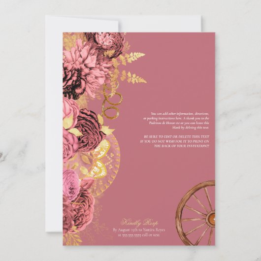 Elegant Rozen Dusty Pink Charro Quinceanera Kaart (Achterkant)