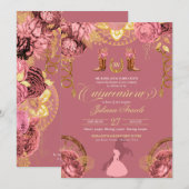 Elegant Rozen Dusty Pink Charro Quinceanera Kaart (Voorkant / Achterkant)