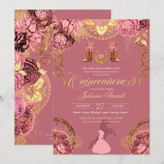 Elegant Rozen Dusty Pink Charro Quinceanera Kaart (Voorkant / Achterkant)