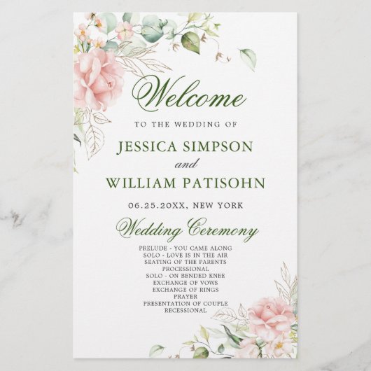 Elegant Rozen Eucalyptus Wedding Ceremony Programm (Voorkant)