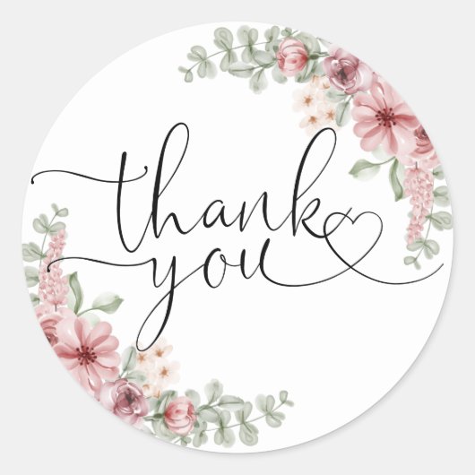 Elegant Rozen Floral Heart Script Dank u Ronde Sticker (Voorkant)