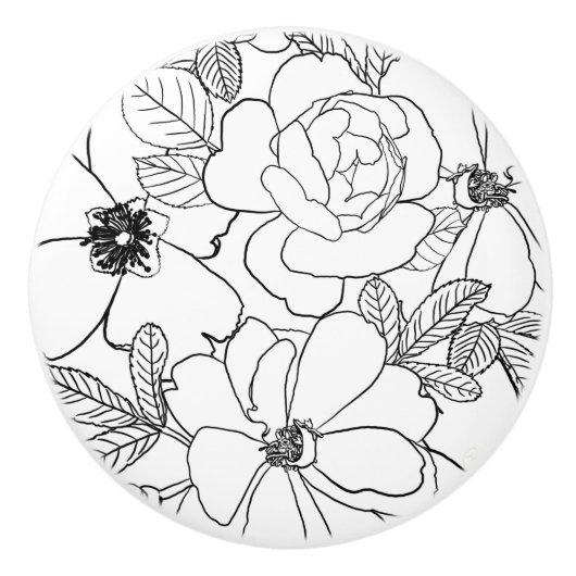 Elegant Rozen Floral Line Tekening Keramische Knop (Voorkant)
