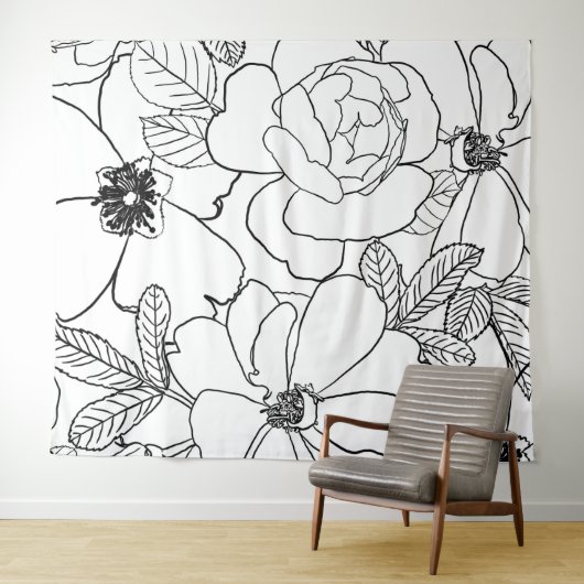 Elegant Rozen Floral Line Tekening Wandkleed (In Situ (horizontaal))