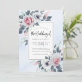 Elegant Rozen Floral Waterverf Light Blue Wedding Kaart (Staand voorkant)