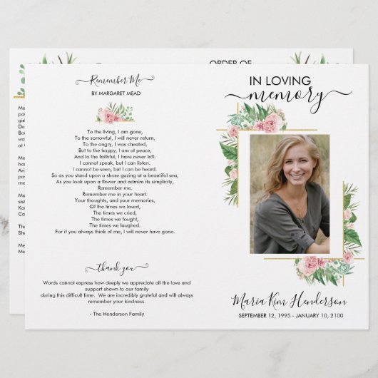 Elegant Rozen Foto Memorial Funeral Programme (Voorkant / Achterkant)