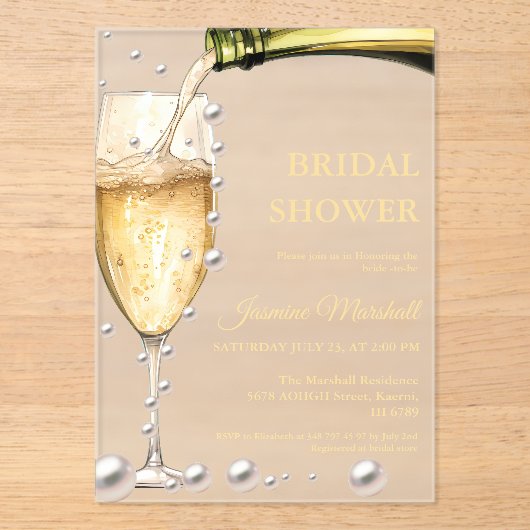 Elegant Rozen gouden parels & Prosecco Vrijgezelle Acryl Uitnodigingen (Voorkant)