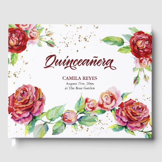 Elegant  Rozen Rode roze Floral Quinceanera Gastenboek (Voorkant)