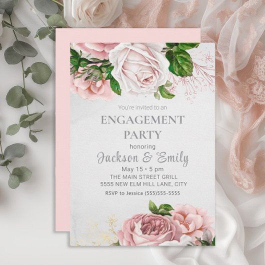 Elegant Rozen Roze Floral Cream Engagement Party Kaart