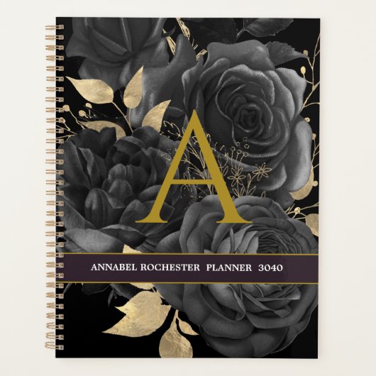 Elegant rozen, zwart en goud, gemononeerd planner (Voorkant)