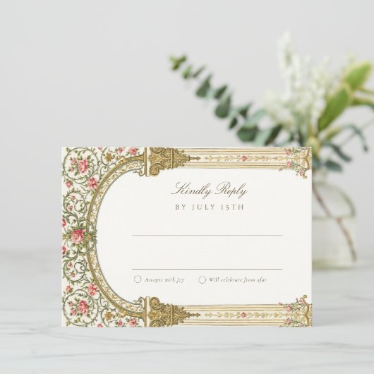 Elegant RSVP Card with Baroque Gold Kaart (Staand voorkant)