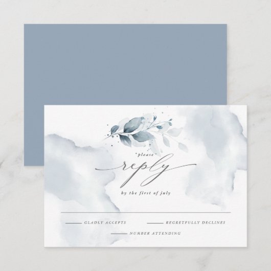 Elegant RSVP Waterverf Foliage Dusty Blue Kaartje (Voorkant / Achterkant)