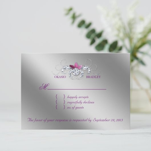 Elegant RSVP Wedding Reply Card Sparkle Paarse Lea (Staand voorkant)