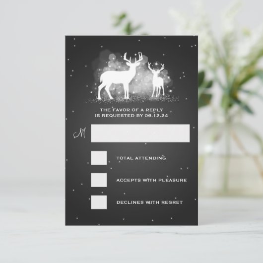 Elegant RSVP Wedding Winter Deer Sparkle Black (Staand voorkant)