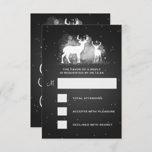 Elegant RSVP Wedding Winter Deer Sparkle Black (Voorkant / Achterkant)