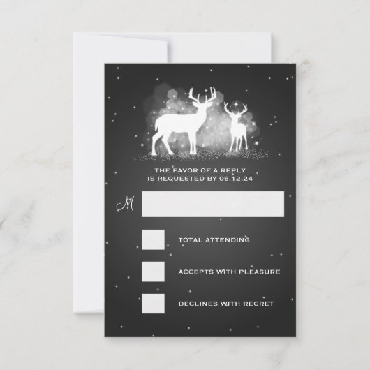Elegant RSVP Wedding Winter Deer Sparkle Black Kaartje (Voorkant)