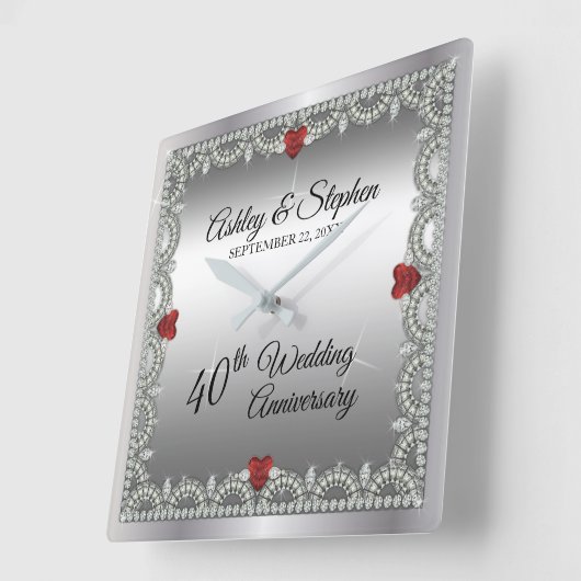 Elegant Ruby | Diamonds 40e Jubileum voor weddensc Vierkante Klok (Hoek)