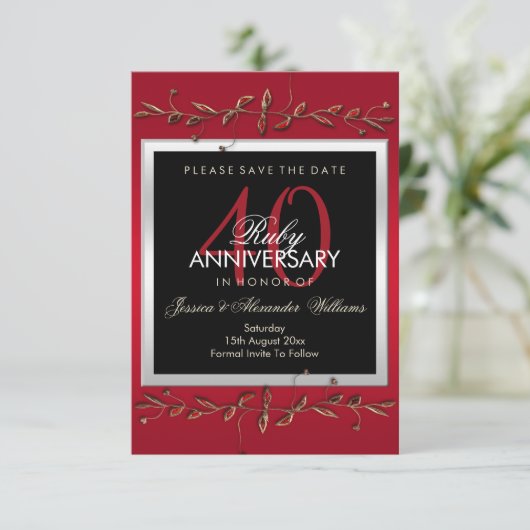 Elegant Ruby Gemstone 40th Wedding Jubileum Save The Date (Staand voorkant)