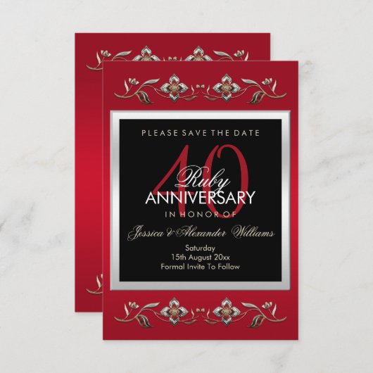 Elegant Ruby Gemstone 40th Wedding Jubileum Save The Date (Voorkant / Achterkant)