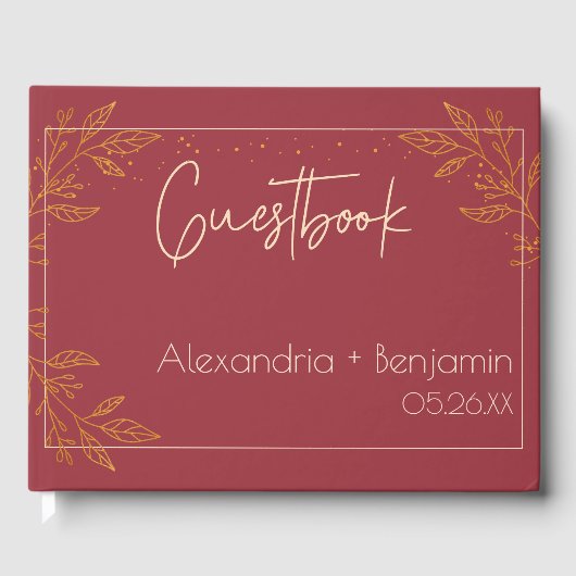 Elegant Ruby & Gold Floral Wedding Gastenboek (Voorkant)