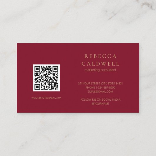 Elegant Ruby Red Floral QR Code Visitekaartje (Achterkant)