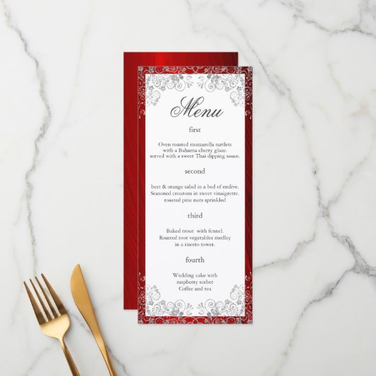 Elegant Ruby Red Four Course Wedding Menu (Voorkant / Achterkant in situ)