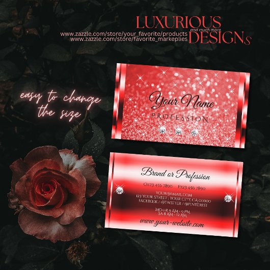 Elegant Ruby Red Glitter Luminous Stars Diamonds Visitekaartje