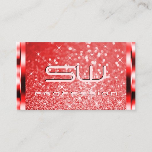 Elegant Ruby Red Glitter Luminous Stars Monogram Visitekaartje (Voorkant)