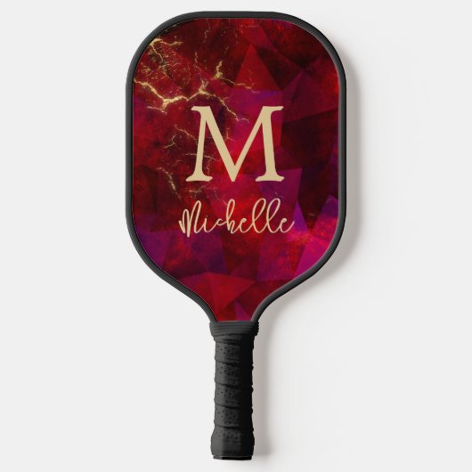 Elegant Ruby Red Gold Monogram Initiaal Naam Pickleball Paddle (Achterkant)