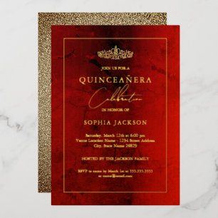 Elegant Ruby Red Gold Quinceanera 15de Folie Uitnodiging