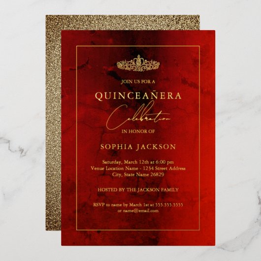 Elegant Ruby Red Gold Quinceanera 15de Folie Uitnodiging (Voorkant / Achterkant)