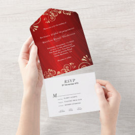 Elegant Ruby Red Gold Swirl Wedding All In One Uitnodiging