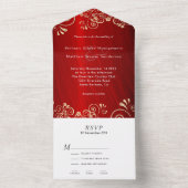 Elegant Ruby Red Gold Swirl Wedding All In One Uitnodiging (Binnen)
