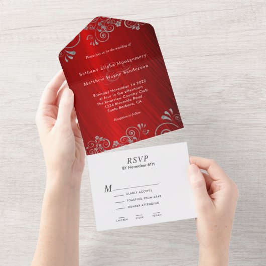Elegant Ruby Red Gray Swirl Wedding All In One Uitnodiging (Afscheurbaar)
