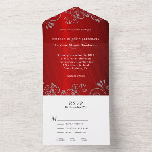 Elegant Ruby Red Gray Swirl Wedding All In One Uitnodiging (Binnen)