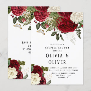 Elegant Ruby Red Peonies Couples Shower Kaart