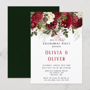 Elegant Ruby Red Peonies Engagement Party Kaart