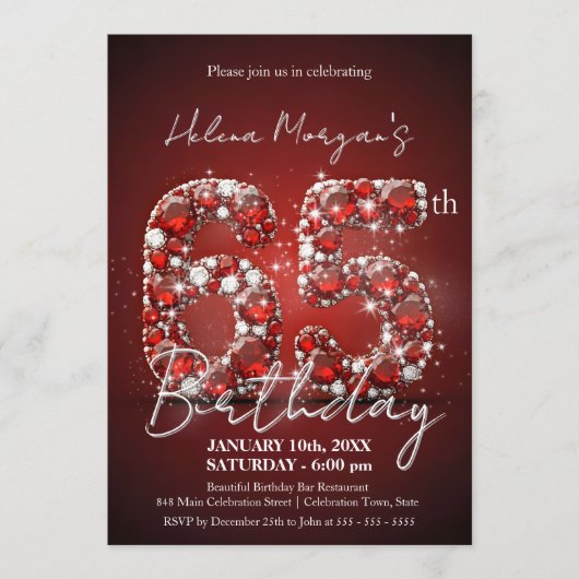 Elegant Ruby Red & Silver Gemstone 65th Birthday Kaart (Voorkant)