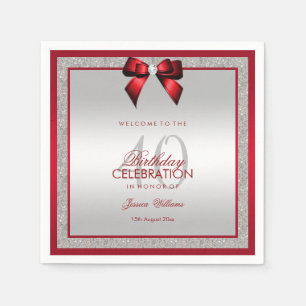 Elegant Ruby Red & Silver Glitter 40th Birthday Servet